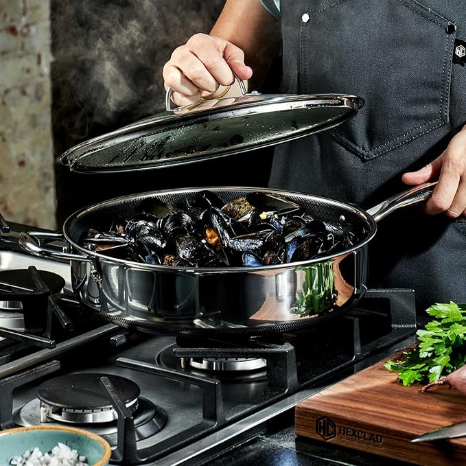 HexClad Hybrid Nonstick 5.5-Quart Deep Sauté Pan with Tempered Glass Lid, Stay-Cool Handle, Dishwasher-Friendly, Oven-Safe Up to 900°F, Induction Ready, Compatible with All Cooktops - Bloomnest