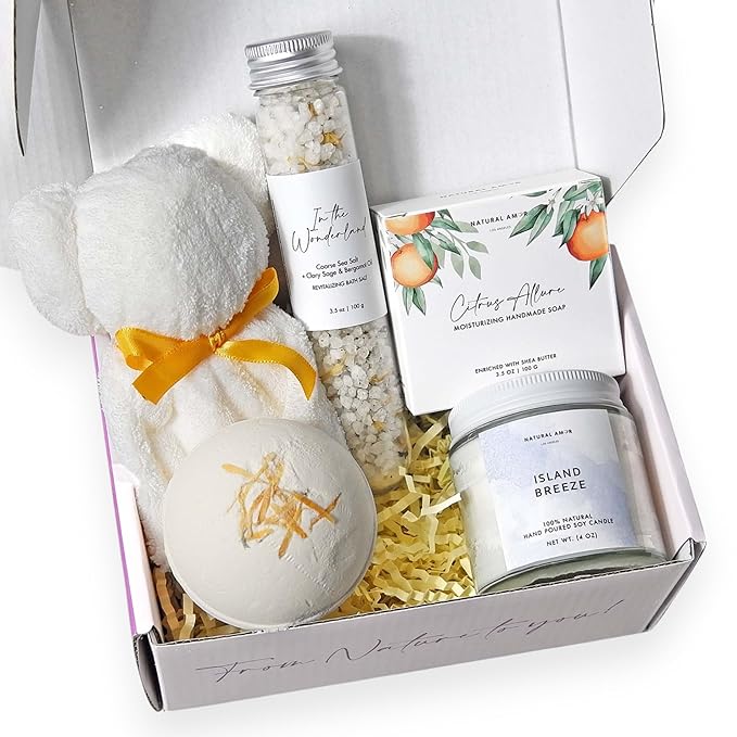 Natural Amor Handmade Spa Gifts for Women, Relaxing 5pcs Spa Gift Set for Women Including Citrus Handmade Soap Bar, Soy Candle, Bath Salt, Bath Bomb - Bloomnest