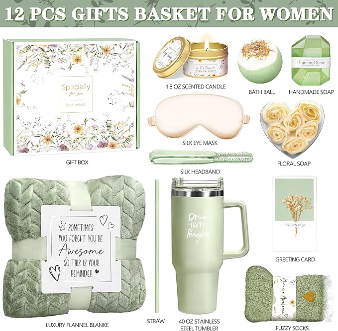 Birthday Gifts for Women Self Care Get Well Soon Gifts, Vanilla Relaxing Spa Gift Basket - Happy Birthday Set w/ Luxury Flannel Blanket & 40 oz Tumbler, Unique Christmas Gift for Mom Her Wife Sister - Bloomnest