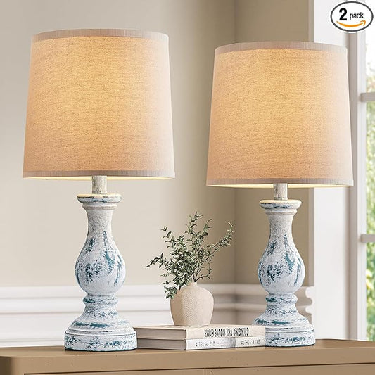 Seealle Farmhouse Table Lamps Set of 2 - Rustic Lamp for Bedroom Living Room, 22" Boho Bedside Lamps for Night Stands End Table Office Desk Lamp Nightstand Clearance with Linen Shades(Washed Blue) - Bloomnest