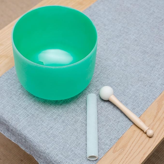Leize Quartz Crystal Singing Bowl F Note 432 hz Heart Chakra Green 9" with Suede Striker - Bloomnest