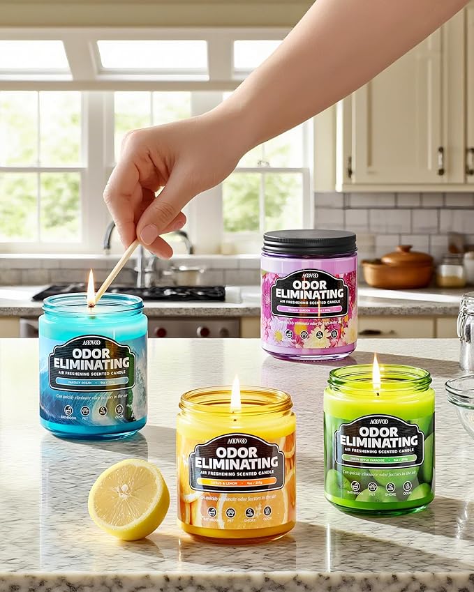 AOOVOO 4 Pack Odor Eliminating Highly Fragranced Candle - Eliminates 95% of Pet, Smoke, Food, and Other Smells Quickly, Air Freshing Soy Candle, Citrus Lemon/Ocean/Apple/Dreamy Garden - Bloomnest
