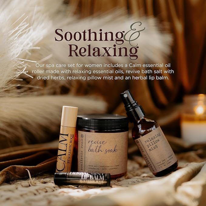 SOULISTIC ROOT Self-Care Set - Luxury Spa Bath Kit, Pillow Mist, Cooling Lip Balm, Tranquil Essential Oil Roller & Epsom Salt Bath Soak Pampering Package, Valentine's Day Holistic Gifts for Him & Her - Bloomnest