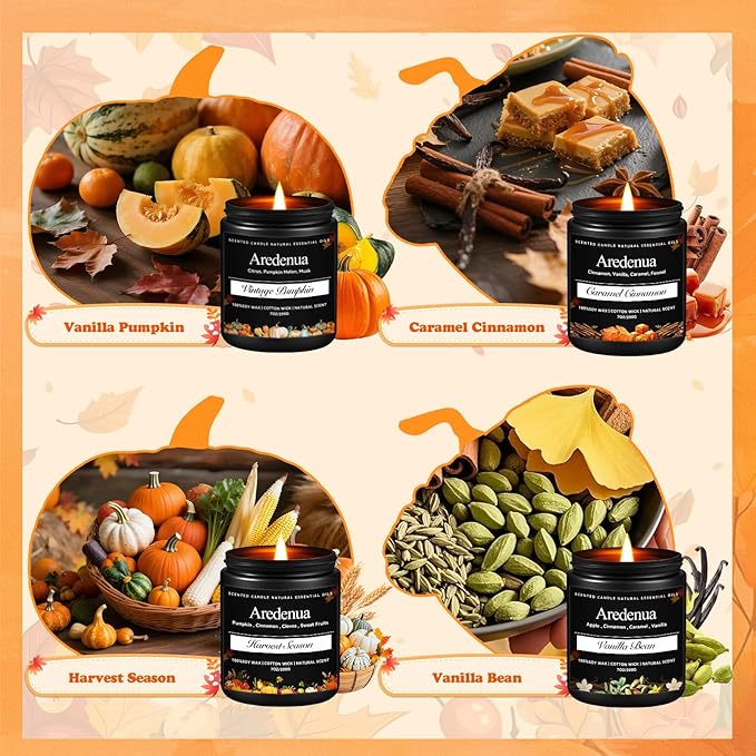 Fall Candles Set – 4 Pack Holiday Scented Soy Candles, 28oz Cozy Winter Candle Scents of Cinnamon, Vanilla Bean & Harvest,Pumpkin | Thanksgiving & Christmas Candle Gifts for Women Men - Bloomnest