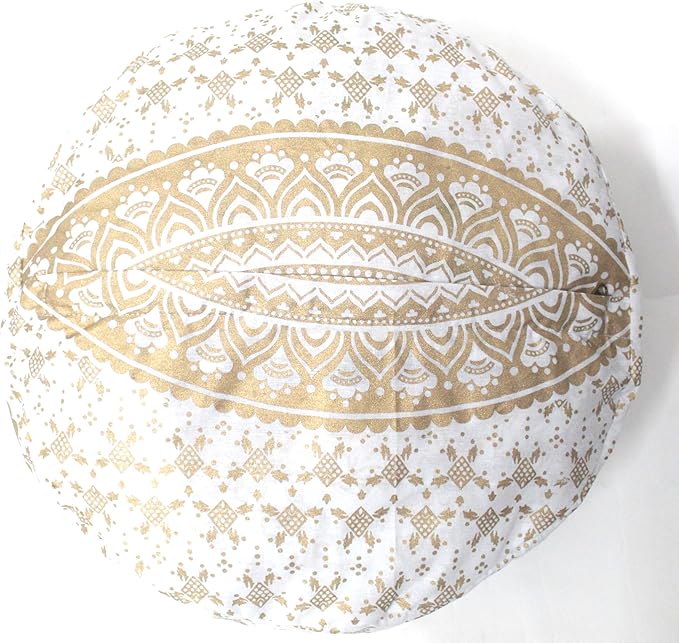 INDIAN CRAFT CASTLE ICC Mandala Barmeri Large Floor Pillow Cover Cushion Meditation Seating Ottoman Throw Cover Hippie Decorative Zipped Bohemian Pouf Ottoman Cases White Gold, 18" Round - Bloomnest