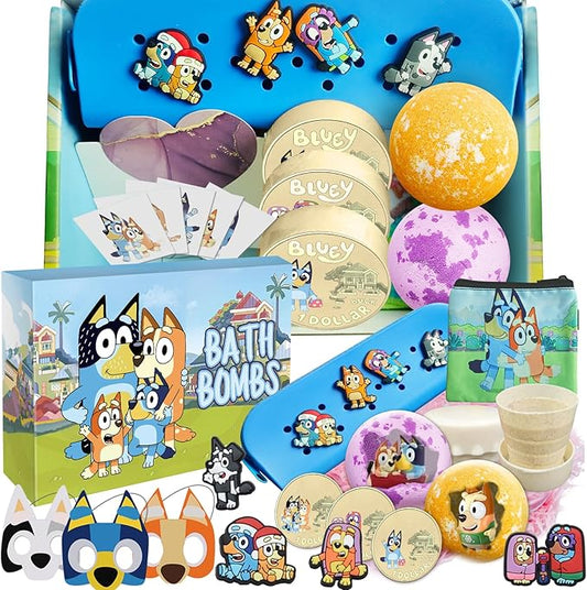 The Blue Heelers Gifts Set: Bath Bombs with Toys Inside, Shower Steamers, Felt Masks, Tattoos, Rubber Bag, Shoe Charms, Collapsible Cup, Storage Bag, Coloring, Gift Card&Sticker, Kids Best Gifts - Bloomnest