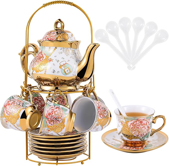 20 Pcs Porcelain Tea Set for Women, Vintage Teapot Set with Metal Holder and Spoons European Ceramic Flower Tea Sets for Home Family Gathering Tea Party - Bloomnest