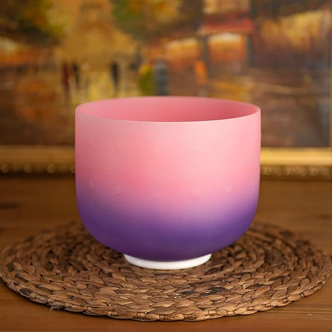 TOPFUND 432Hz Pink Purple F# Note Crystal Singing Bowl Thymus Chakra 8 inch with Heavy Duty Carrying Case and Suede Mallet