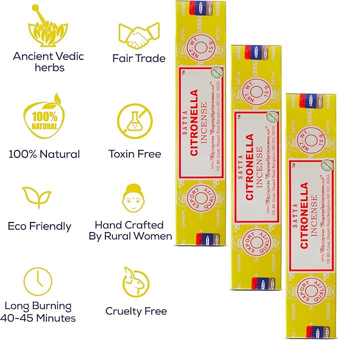 Satya Citronella Incense Sticks, Satya Bng Insenses 15gmx12 Pack with Raajsee Incense Holder Bundle, Satya Nagchampa Natural Incense - Bloomnest
