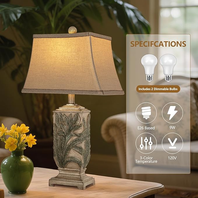 WIHTU 25" Vintage Table Lamps, 3 Color Temperature Rustic Retro Beside Lamp Set of 2, Farmhouse Resin Table Lamp for Living Room Bedroom Nightstands, Rotary Switch, Carved Leaf(2 Bulbs Included) - Bloomnest