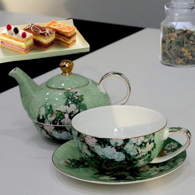 Porcelain 13 OZ Tea for One Teapot and Cup Set Vintage Floral Ceramic Tea Set European Style Tea pot and Saucer Set (White Roses) - Bloomnest