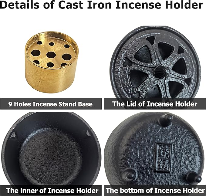 Small Cast Iron Incense Burner Holder, Home Decor, Bowl Design with Decorative Lid, Black Incense for Sticks, Resin, Cone Incense or Wax Melts - Bloomnest