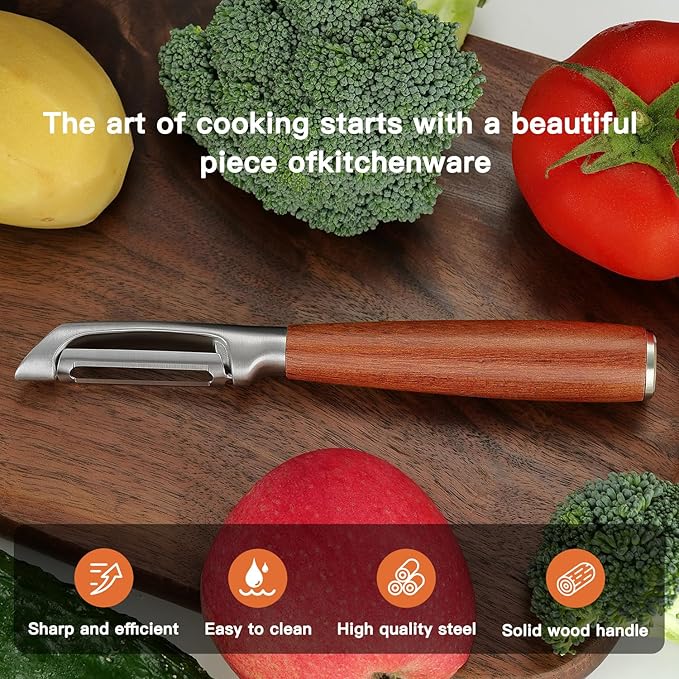KU LUNER Premium 304 Stainless Steel Multifunctional Kitchen Fruit and Vegetable Peeler with Real Wood Handle，Ultra Sharp Strong Blade - Bloomnest