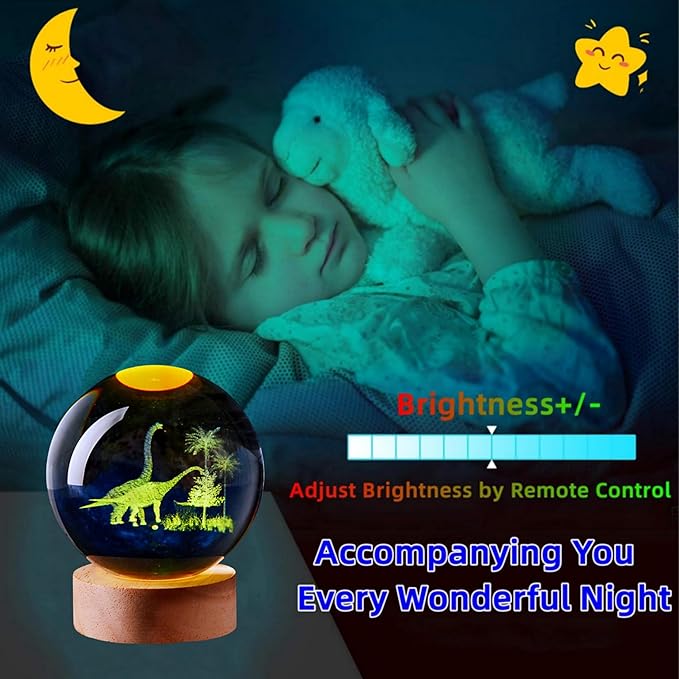 3D Large Dinosaur Crystal Ball Night Light with Wooden Base, Crystal Lamp Gift for Kids Wife Friends, 16 Color Changing with Remote Control, Laser Engraved 3.15 inch Glass Ball Lamp (Dinosaur) - Bloomnest
