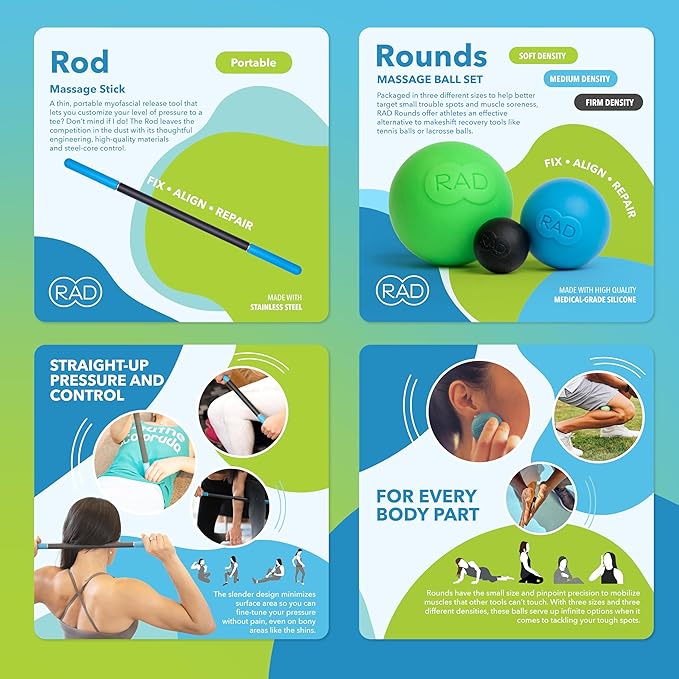 RAD All-in Complete Myofascial Release and Muscle Recovery Set - Includes Exercise Foam Rollers, Multi-Use Yoga Block, Peanut & Massage Balls, Neuro Ball Foot Roller, and Massage Stick - Bloomnest