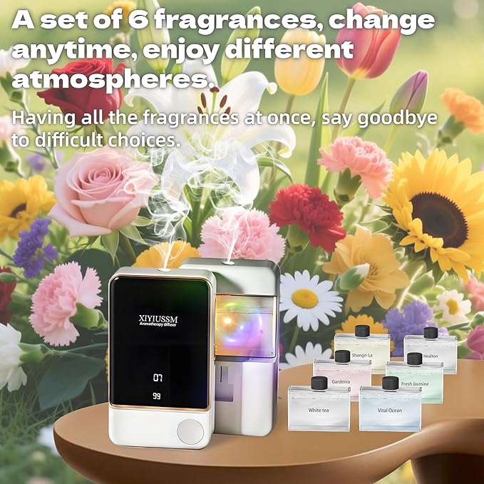 Waterless Essential Oil Diffuser for Home & Office Cordless Battery Operated Aroma Diffuser with 7 Mist Levels, Ultrasonic Air Freshener for Large Rooms Bedroom (6Piece Essential Oil Set) - Bloomnest