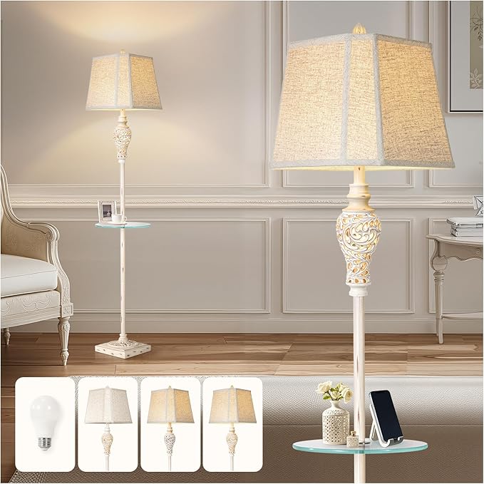 Vintage Floor Lamp with Nightlight and Glass Tray, Farmhouse Standing Lamp with White Washed Finish and Linen Shade, 65" Rustic Tall Lamp Decor for Living Room, Bedroom, Office, House (Bulb Included) - Bloomnest