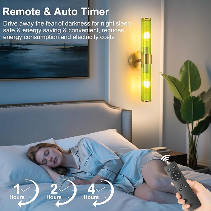 Gold Battery Operated Wall Sconces Set of 2, Rechargeable Wall Lights with Remote Control, 20 Inch Modern Wireless Wall Lamp for Bedroom, Living Room with Green Shade (Bulbs Included) - Bloomnest