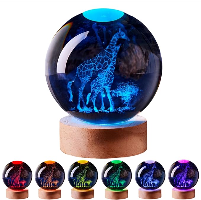 3D Large Giraffe Crystal Ball Night Light with Wooden Base, Giraffes Crystal Lamp Gift for Kids Wife Friends, 16 Color Changing with Remote Control, Laser Engraved 3.15 inch Glass Ball Lamp (Giraffe) - Bloomnest