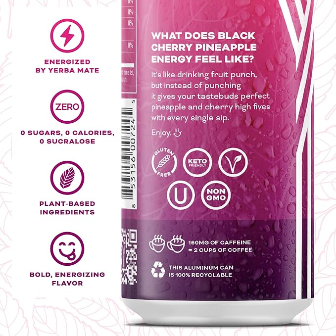 Yerbaé Energy Beverage - Black Cherry Pineapple, 0 Sugar, 0 Calories, 0 Carbs. Yerbae is Energized by Yerba Mate, Plant-Based, Healthy Alternative to Sugary Drinks, 16oz cans (12 Pack) - Bloomnest