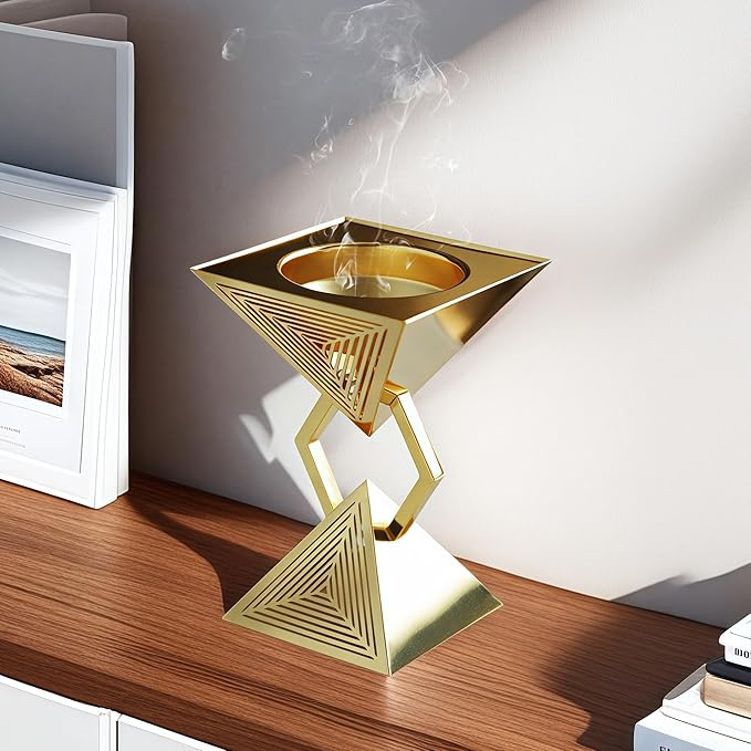 Geometric Charcoal Incense Burner Holder- Gold Electroplated Metal Burner with Anti-Oxidation Coating, Premium Bakhoor Burner for Home Decor and Meditation, Unique Triangle Design Spiritual Gift - Bloomnest