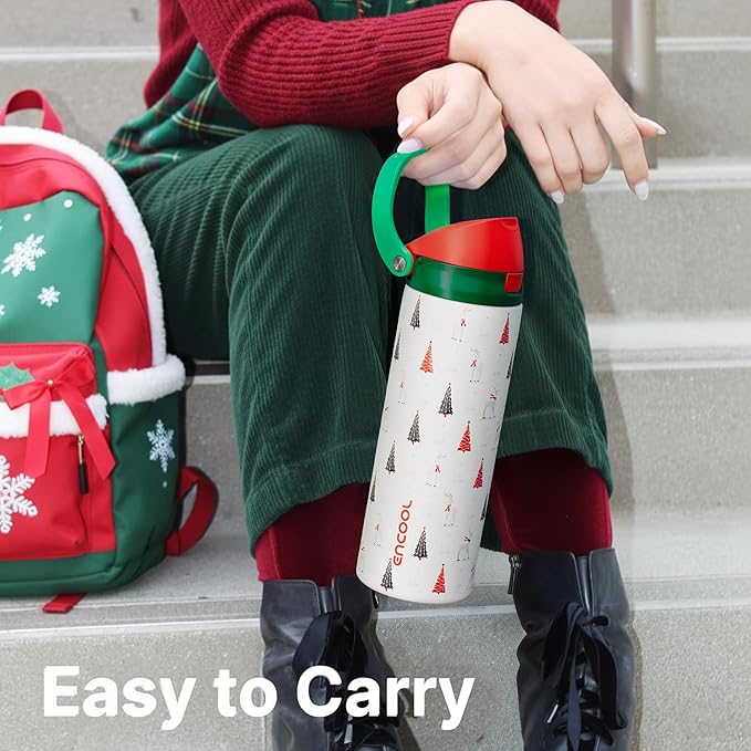 ENCOOL Christmas SwiftSip Insulated Water Bottle with Straw, Stainless Steel Water Bottle, Leak Proof BPA-Free, Keeps Cold for 24 Hours for Sports, Christmas Holiday Gifts for Women, 24oz, Nordic Noel ENCOOL
