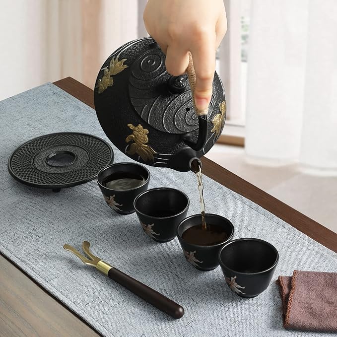 RekRang Hand-Painted Goldfish Cast Iron Teapot Set,Japanese Cast Iron Tea Kettle Set with Removeable Infuser and 4 Stainless Steel Cups,Traditional Tetsubin Tea Pot Sets for Stovetop 750ml/26oz - Bloomnest