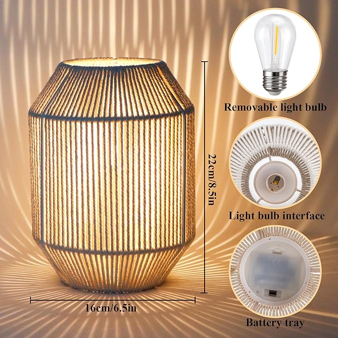 JHY DESIGN Woven Lampshade Table Lamp 8.5" H Cotton Rope Bedside Lamp Cordless Small Battery Operated Lamp Decorative Bedside Lamp with 6 Hours Timer for Bedroom Living Room Weddings Parties Patio - Bloomnest