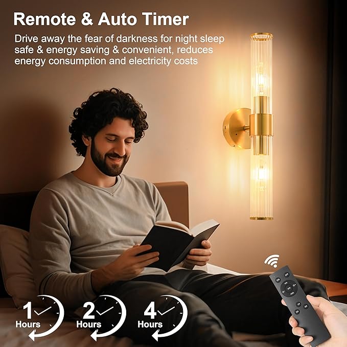 Gold Battery Operated Wall Sconces Set of Two, Rechargeable Wall Sconce with Dimmable Remote Control, 20 Inch Wireless Sconce Wall Light for Bedroom, Living Room (Bulbs Included) - Bloomnest