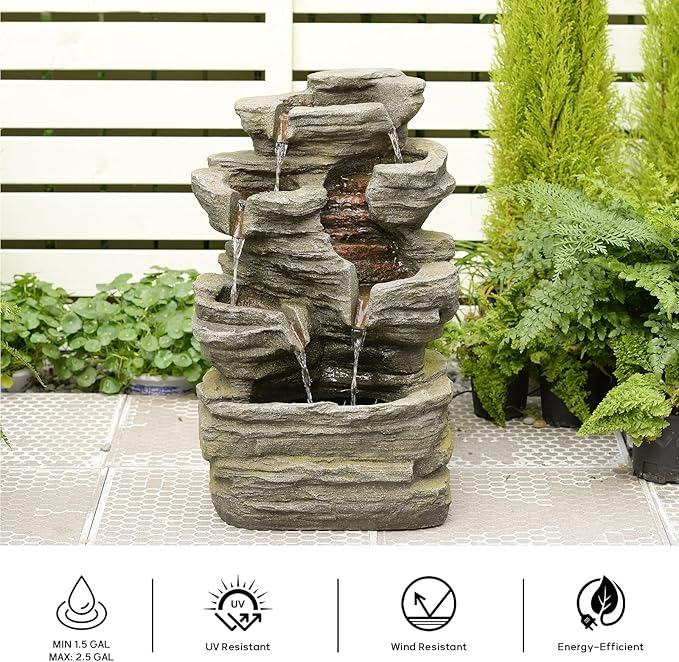24.2" H Rock Cascading Water Fountain Outdoor&Indoor, 6-Tier Garden Naturefalls Fountains, Floor-Standing Waterfall with Lights for Patio, Backyard, Deck, Porch, Home DéCor, Stone Gray - Bloomnest