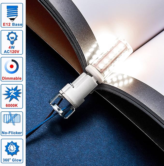 E12 25W-40W 6000K Daylight White Dimmable Led Bulbs Replacement, T6 Small Base E12 C7 LED Candelabra Bulbs 4W Bright Cool White for Ceiling Fan Chandelier Salt Lamp,450 lm(5Pack) - Bloomnest