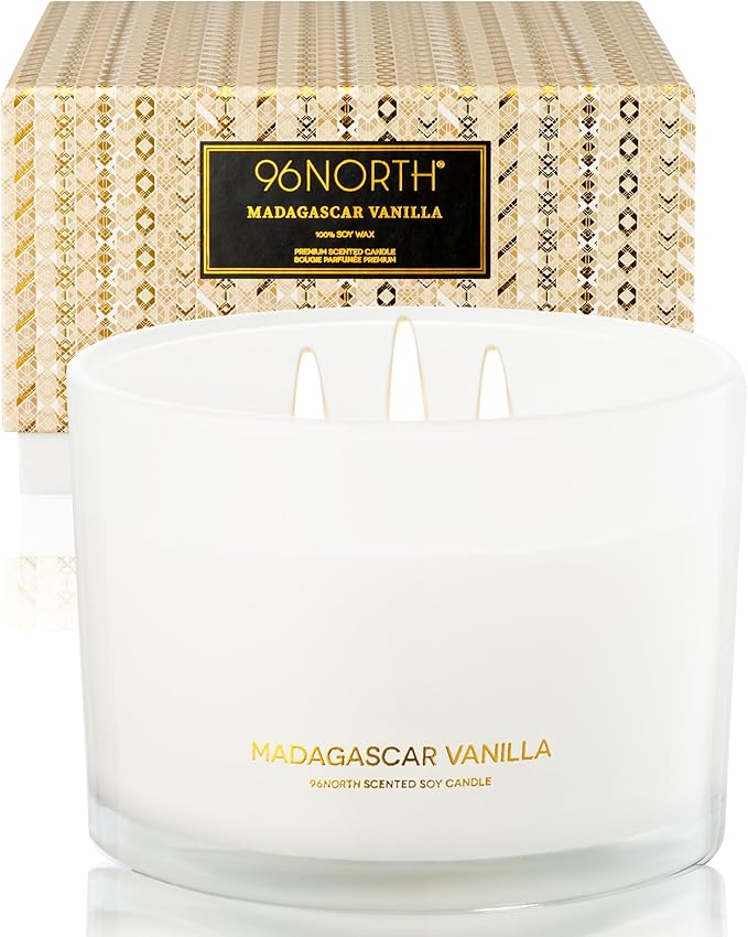 96NORTH Luxury Vanilla Soy Candles | Large 3 Wick Jar Candle | Up to 50 Hours Burning Time | 100% Natural Soy Wax | Relaxing Aromatherapy Aesthetic Candle | Housewarming Gift for Men and Women - Bloomnest