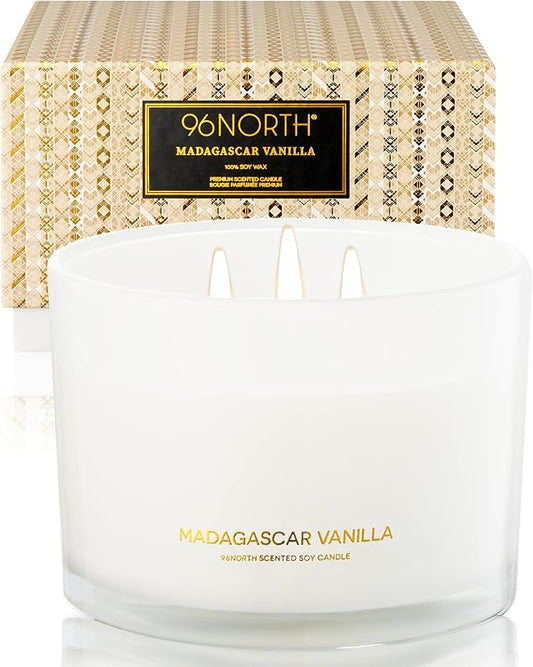 96NORTH Luxury Vanilla Soy Candles | Large 3 Wick Jar Candle | Up to 50 Hours Burning Time | 100% Natural Soy Wax | Relaxing Aromatherapy Aesthetic Candle | Housewarming Gift for Men and Women - Bloomnest