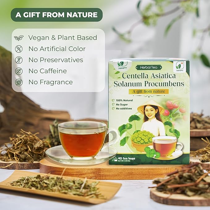 NMPT Dried Centella Asiatica Solanum Procumbens Tea, Handpicked and Handmade, 40 Sachets, Cold-Dried, Gluten-Free, No Added Sugar, Mild Sweet Flavor, Supports Overall Health - Bloomnest