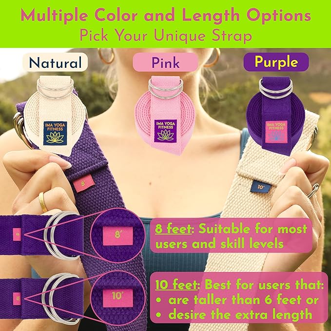 Adaptive Yoga Strap, Stretching Strap, 2 Inches Wide, 100% Naturally Soft Cotton, Steel D-Rings, Includes Natural Cotton Drawstring Storage Pouch and Instructional E-Book - Bloomnest