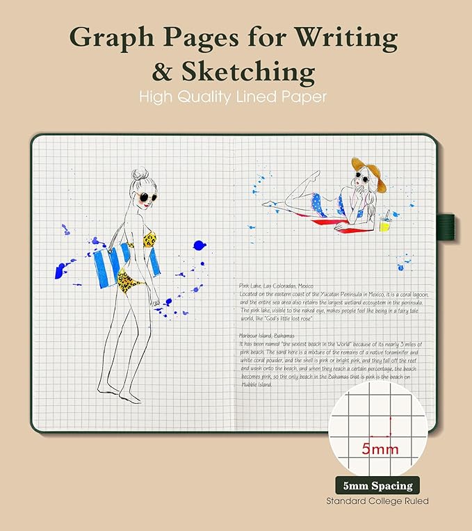 Graph Notebook for Women Men, 160 Pages Grid Paper, Graphing Notebooks for School, Work, Quad Ruled, Inner Pocket, A5 Hardcover Vintage Leather Journals for Writing, 5.8"x8.5" (Green) - Bloomnest