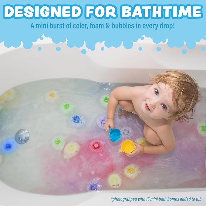 Tub Works® Lil' Bursts™ Mini Bath Bombs for Kids, 90 Count, Rainbow | Nontoxic | Tiny Kids Bath Bombs with A Burst of Color, Foam & Bubbles | Customize Toddler Bath with 7 Colors | Make Bathtub Art - Bloomnest