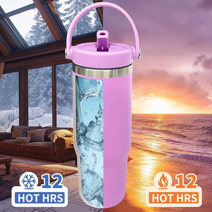 30 oz Tumbler Bulk with Top Handle, Double Wall Vacuum Insulated Tumbler with Flip Straw, Travel Coffee Mug 30oz Powder Coated Cup for Laser Engraving (Purple,4 pack) - Bloomnest
