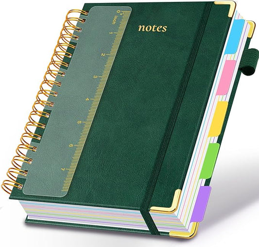 Hardcover Spiral Notebook 6.2"x 8.2" Journal Notebook with Tabs and Removable Dividers 300 Pages 5 Subject Notebook College Ruled, Faux Leather Spiral Bound Notebook for Women School Work(Green) - Bloomnest