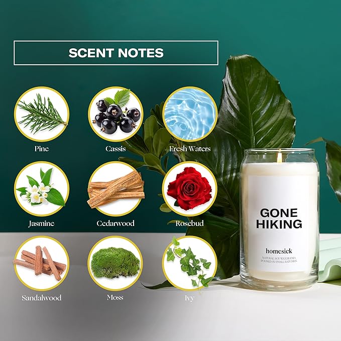 Homesick Scented Candles for Home (Gone Hiking) - 13.75 oz Long-Lasting Natural Soy Wax Blend Jar Candle Gifts for Women & Men, 60-80 Hours Burn Time - Notes of Pine, Jasmine & Sandalwood - Bloomnest