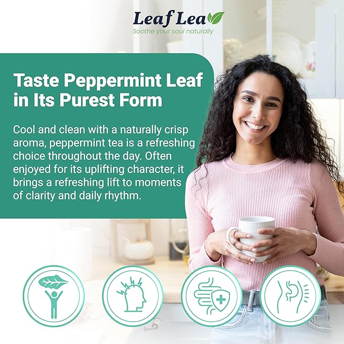 LeafLea 40 Peppermint Tea Bags, Natural Peppermint Leaf Herbal Tea with Cool Taste, Te De Menta for Gentle Digestive Support, Te De Hierba Buena, Caffeine-Free, Sugar-Free, Vegan, Individually Wrapped - Bloomnest