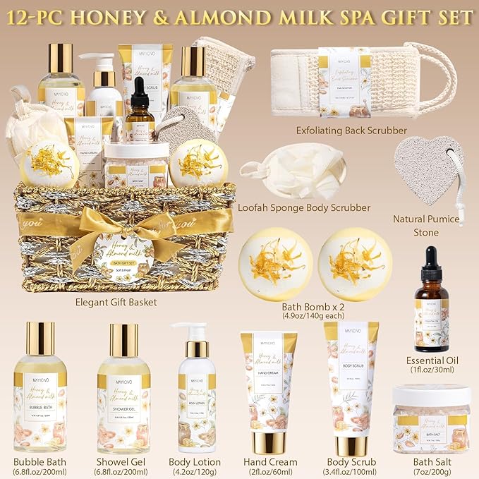Birthday Gifts for Women, Honey & Almond Milk Relaxing Spa Gift Baskets for Women Self Care Package Bath Gift Set, Home Bath and Body Kit Pamper Valentines Day Gifts for Her Womens Mom Friends Sister - Bloomnest