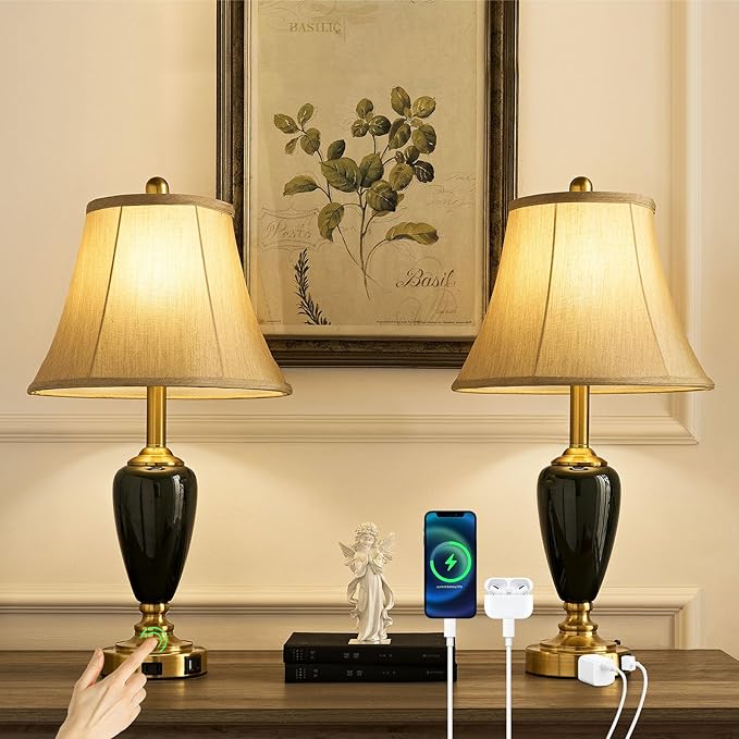 24" Ceramic Table Lamp with 3 Way Dimmable Touch Lamps - 2 USB Ports & AC Outlet Bedside Lamps, Modern Nightstand Lamp for Bedroom Living Room Office (Bulb Included) (Dark Green-2 Pack) - Bloomnest