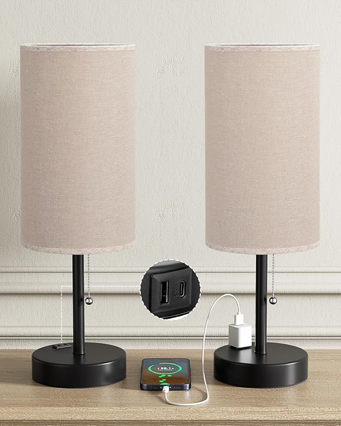 Fenmzee Plus Beige Bedside Table Lamps Set of 2-3 Color Temperatures Pull Chain Lamp with AC Outlet Charging Port, Two Round Night Stand Lamps for Bedroom Guest Room Office, Bed Side Light - Bloomnest