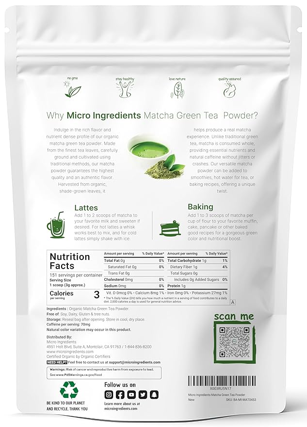Micro Ingredients Organic Matcha Green Tea Powder, First Harvest, Culinary Grade from Japan, 100% Pure & Unflavored, Great for Tea, Latte, & Smoothies, Non-GMO, No Sugar, Eco-Friendly Packaging, 1 Lb - Bloomnest