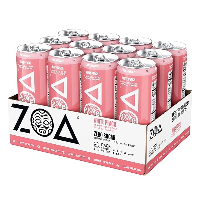 ZOA Zero Sugar Energy Drinks, White Peach - Sugar Free with Electrolytes, Healthy Vitamin C, Amino Acids, Essential B-Vitamins, and Caffeine from Green Tea - 12 Fl Oz (12-Pack) - Bloomnest