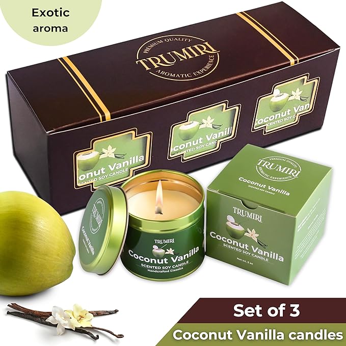 Coconut Vanilla - Aromatherapy Candles for Home Scented - Pack of 3-5oz Natural Soy Wax Clean Organic Non Toxic - Long Lasting Highly Scented with Essential Oils - Gifts for Women Relaxing Spa TRUMIRI