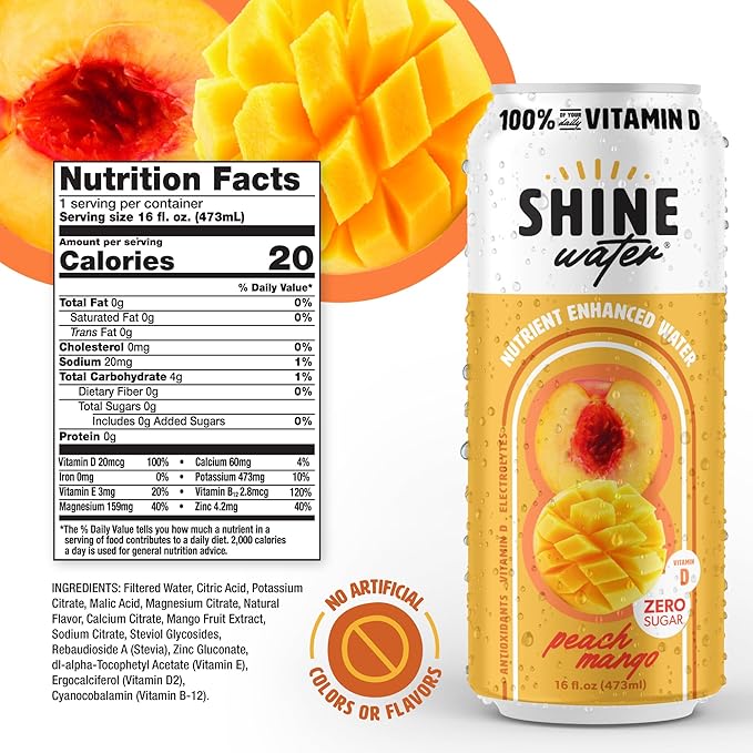 Shine Water Peach Mango Vitamin D Electrolyte Drinks 12-Pack, Sugar Free Flavored Water with Magnesium, Zinc & Antioxidants, Low Calorie Hydration Beverage, Plant-Based Vitamin Water Zero Sugar - Bloomnest