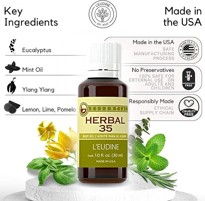 L’EUDINE Herbal 35 Essential Oil Diffuser & Skin - Diffuser Oils Scents for Home - Peppermint Essential Oil with Lavender, Eucalyptus, Lemongrass & More – Luxury Aromatherapy & Wellness, 1 Fl Oz - Bloomnest