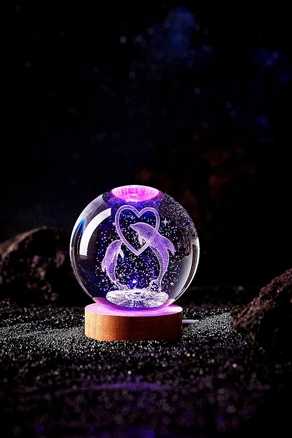 Dolphin Crystal Ball Lamp,3D 3.15 inch K9 Crystal Ball Night Light with Wooden Base Lamp for Room,Dolphin Light Gift,16 Colors Change with Remote Control (D) - Bloomnest